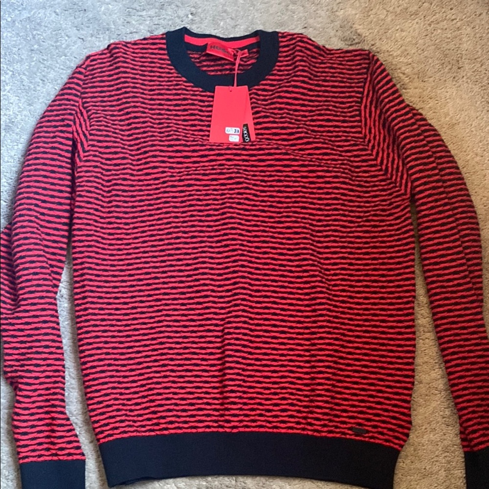 Hugo Boss Red Striped Crewneck Sweater